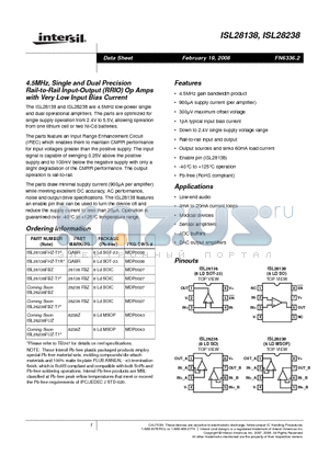 ISL28238FUZ-T7 datasheet - 4.5MHz, Single and Dual Precision Rail-to-Rail Input-Output (RRIO) Op Amps with Very Low Input Bias Current