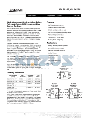 ISL28268FUZ-T7 datasheet - 34lA Micro-power Single and Dual Rail-to-Rail Input-Output (RRIO) Low Input Bias Current Op Amps