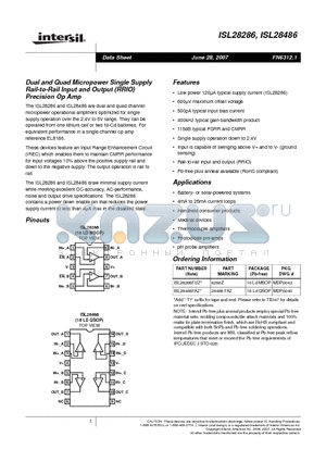 ISL28286_07 datasheet - Dual and Quad Micropower Single Supply Dual and Quad Micropower Single Supply Precision Op Amp