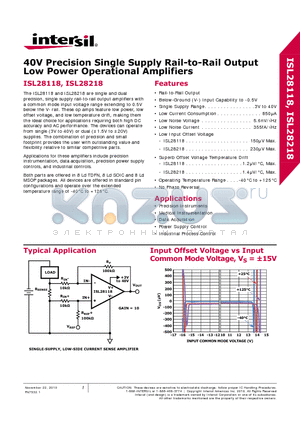 ISL28218FBZ datasheet - 40V Precision Single Supply Rail-to-Rail Output Low Power Operational Amplifiers