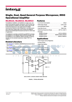 ISL28413 datasheet - Single, Dual, Quad General Purpose Micropower, RRIO Operational Amplifier