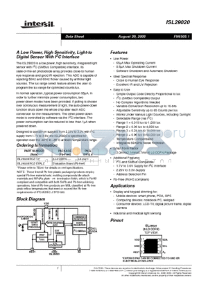 ISL29020 datasheet - A Low Power, High Sensitivity, Light-to Digital Sensor With I2C Interface