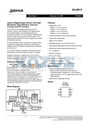 ISL29013IROZ-EVALZ datasheet - Light-to-Digital Output Sensor with High Sensitivity, Gain Selection, Interrupt Function and I2C Interface