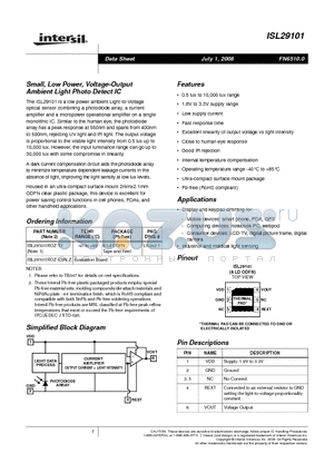 ISL29101 datasheet - Small, Low Power, Voltage-Output Ambient Light Photo Detect IC