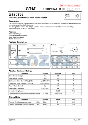 GE60T03 datasheet - N-CHANNEL ENHANCEMENT MODE POWER MOSFET