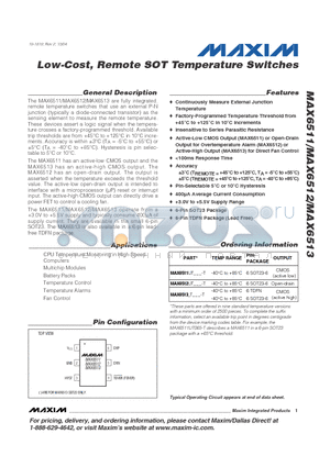 MAX6513TT065 datasheet - Low-Cost, Remote SOT Temperature Switches