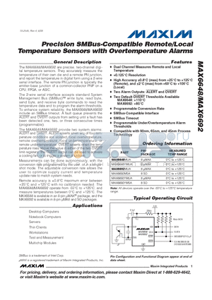 MAX6648MUA datasheet - Precision SMBus-Compatible Remote/Local Temperature Sensors with Overtemperature Alarms