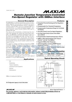 MAX6660 datasheet - Remote-Junction Temperature-Controlled Fan-Speed Regulator with SMBus Interface