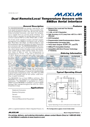 MAX6696YAEE datasheet - Dual Remote/Local Temperature Sensors with SMBus Serial Interface