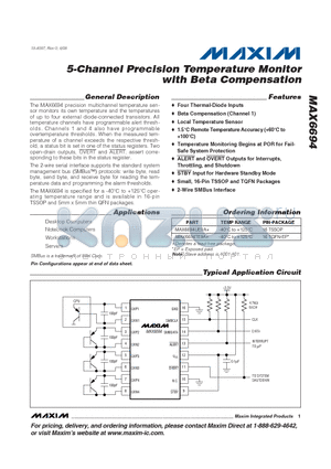 MAX6694TE9A datasheet - 5-Channel Precision Temperature Monitor with Beta Compensation