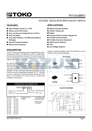 TK11331B datasheet - VOLTAGE REGULATOR WITH ON/OFF SWITCH