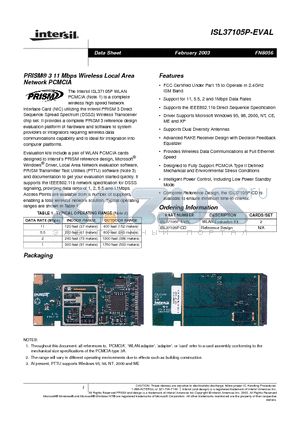 ISL37105P-EVAL datasheet - PRISM 3 11 Mbps Wireless Local Area Network PCMCIA