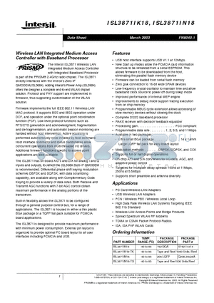 ISL3871IN18-TS datasheet - Wireless LAN Integrated Medium Access Controller with Baseband Processor