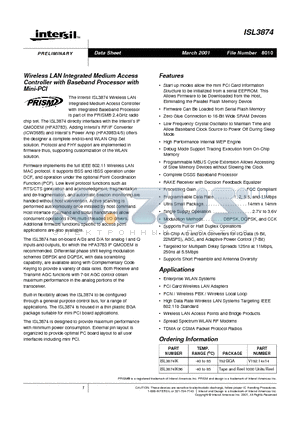 ISL3874IK96 datasheet - Wireless LAN Integrated Medium Access Controller with Baseband Processor with Mini-PCI