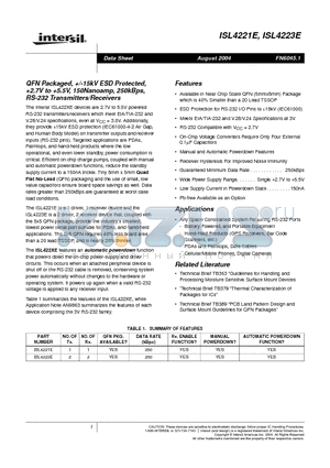 ISL4221E datasheet - QFN Packaged, /-15kV ESD Protected, 2.7V to 5.5V, 150Nanoamp, 250kBps, RS-232 Transmitters/Receivers