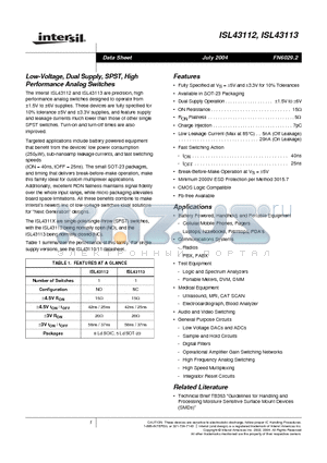 ISL43113IBZ-T datasheet - Low-Voltage, Dual Supply, SPST, High Performance Analog Switches