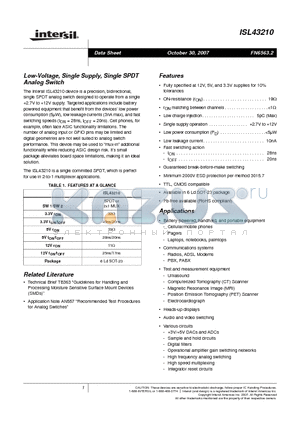 ISL43210IHZ-T datasheet - Low-Voltage, Single Supply, Single SPDT Analog Switch