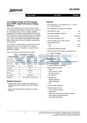 ISL43240IRZ datasheet - Low-Voltage, Single and Dual Supply, Quad SPDT, High Performance Analog Switches