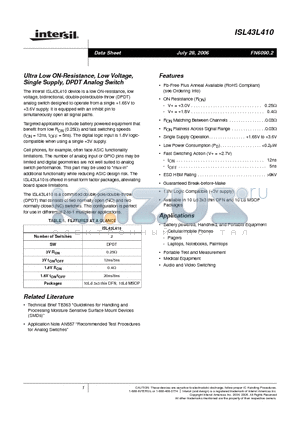 ISL43L410_06 datasheet - Ultra Low ON-Resistance, Low Voltage, Single Supply, DPDT Analog Switch