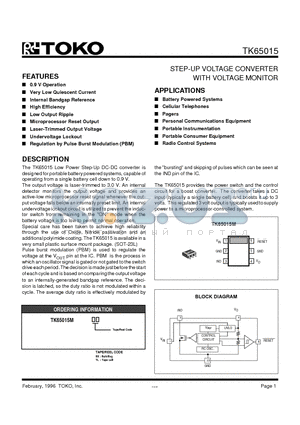 TK65015MBX datasheet - STEP-UP VOLTAGE CONVERTER WITH VOLTAGE MONITOR