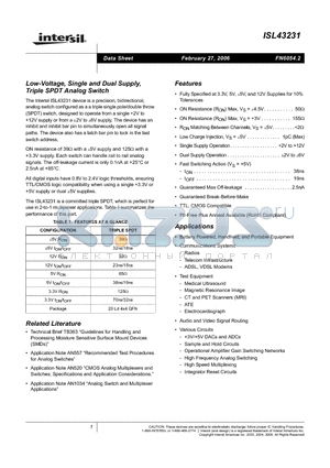 ISL43231IR datasheet - Low-Voltage, Single and Dual Supply, Triple SPDT Analog Switch