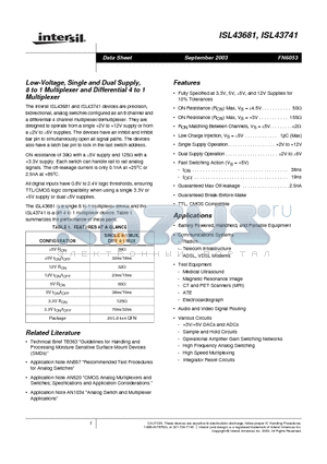 ISL43741IR datasheet - Low-Voltage, Single and Dual Supply, 8 to 1 Multiplexer and Differential 4 to 1 Multiplexer