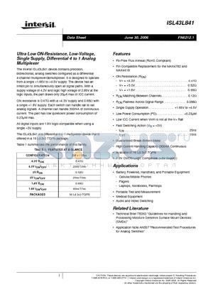 ISL43L841IRZ-T datasheet - Ultra Low ON-Resistance, Low-Voltage, Single Supply, Differential 4 to 1 Analog Multiplexer
