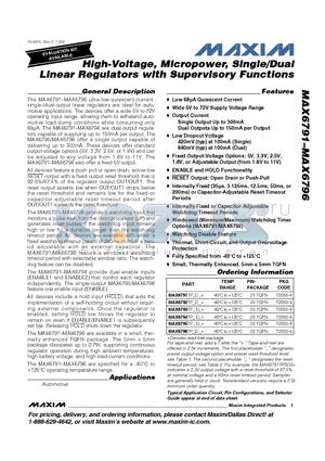 MAX6791TP datasheet - High-Voltage, Micropower, Single/Dual Linear Regulators with Supervisory Functions