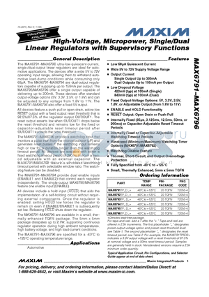 MAX6792TPLD2+ datasheet - High-Voltage, Micropower, Single/Dual Linear Regulators with Supervisory Functions