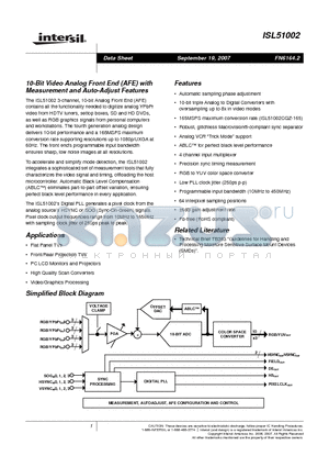 ISL51002_07 datasheet - 10-Bit Video Analog Front End (AFE) with Measurement and Auto-Adjust Features