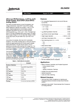 ISL54056IRUZ-T datasheet - Ultra Low ON-Resistance, 1.65V to 4.5V, Single Supply, Quad SPDT (Dual DPDT) Analog Switch