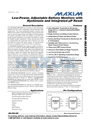 MAX6849KA datasheet - Low-Power, Adjustable Battery Monitors with Hysteresis and Integrated uP Reset