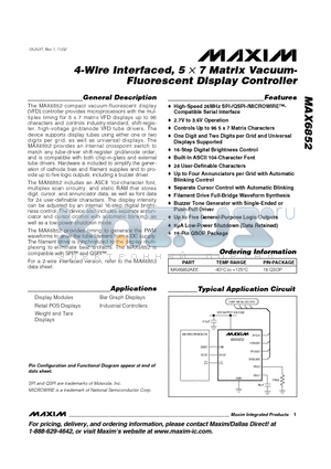 MAX6852 datasheet - 4-Wire Interfaced, 5 x 7 Matrix Vacuum- Fluorescent Display Controller