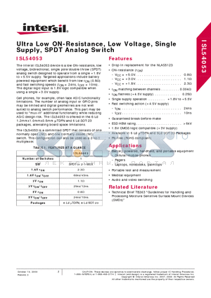 ISL54053IHZ-T datasheet - Ultra Low ON-Resistance, Low Voltage, Single Supply, SPDT Analog Switch