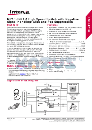 ISL54210IRTZ-T datasheet - MP3/USB 2.0 High Speed Switch with Negative Signal Handling/Click and Pop Suppression