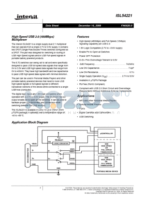ISL54221 datasheet - High-Speed USB 2.0 (480Mbps) Multiplexer