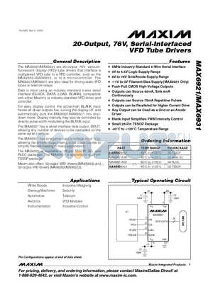 MAX6921AQI datasheet - 20-Output, 76V, Serial-Interfaced VFD Tube Drivers