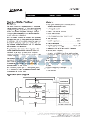 ISL54222 datasheet - High-Speed USB 2.0 (480Mbps) Multiplexer