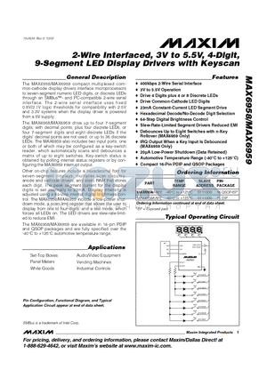 MAX6958 datasheet - 2-Wire Interfaced, 3V to 5.5V, 4-Digit, 9-Segment LED Display Drivers with Keyscan