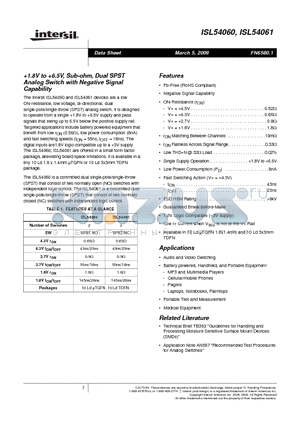 ISL54060 datasheet - 1.8V to 6.5V, Sub-ohm, Dual SPST Analog Switch with Negative Signal Capability