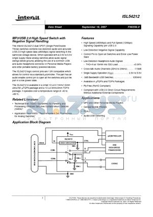 ISL54212IRUZ-T datasheet - MP3/USB 2.0 High Speed Switch with Negative Signal Handling