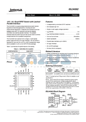 ISL54302 datasheet - 12V, 1.5OHM Quad SPST Switch with Latched Parallel Interface