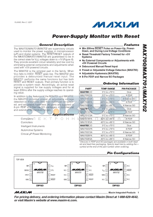 MAX700CPA datasheet - Power-Supply Monitor with Reset