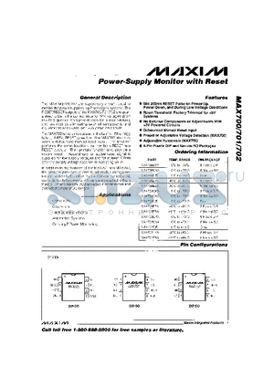 MAX701C/D datasheet - Power-Supply Monitor with Reset