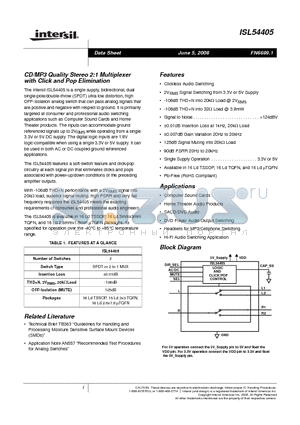 ISL54405IVZ-T datasheet - CD/MP3 Quality Stereo 2:1 Multiplexer with Click and Pop Elimination