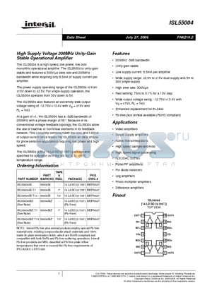 ISL55004IB-T7 datasheet - High Supply Voltage 200MHz Unity-Gain Stable Operational Amplifier