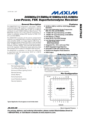 MAX7042ATJ datasheet - 308MHz/315MHz/418MHz/433.92MHz Low-Power, FSK Superheterodyne Receiver