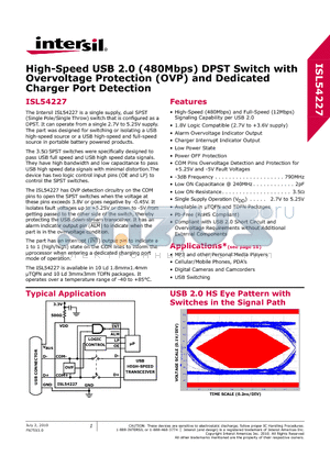 ISL54227IRTZ datasheet - High-Speed USB 2.0 (480Mbps) DPST Switch with Overvoltage Protection (OVP) and Dedicated Charger Port Detection