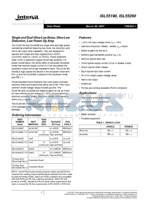 ISL55190IRZ-T13 datasheet - Single and Dual Ultra-Low Noise, Ultra-Low Distortion, Low Power Op Amp