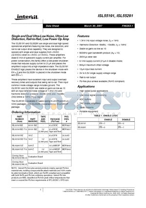 ISL55191IRZ-T13 datasheet - Single and Dual Ultra-Low Noise, Ultra-Low Distortion, Rail-to-Rail, Low Power Op Amp